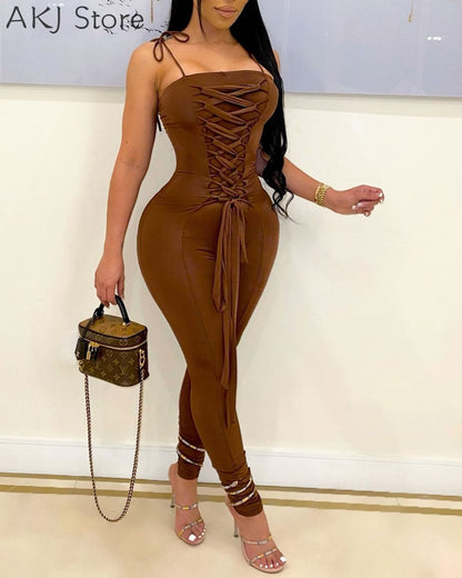 Women Solid Color Spaghetti Strap Bandeau Jumpsuit Bandage Sleeveless Skinny Romper