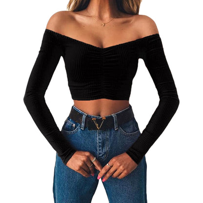 V Neck tshirt Elegant Party Club Tee Shirt Femme Dames Streetwear Women Summer Long Sleeve T Shirt Off Shoulder Crop Top