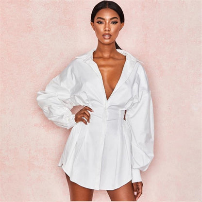 Women Shirts Dress Office Lady Long Puff Sleeve V-Neck High Waist Mini Dress Solid White Black Defined Waist Shirt Tunic Dress