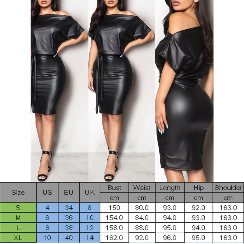 Women Faux PU Leather Slash Dress Off Shoulder PU Leather Dress High Elasticity Sheath Dress Bodycon Faux Leather PU Dresses