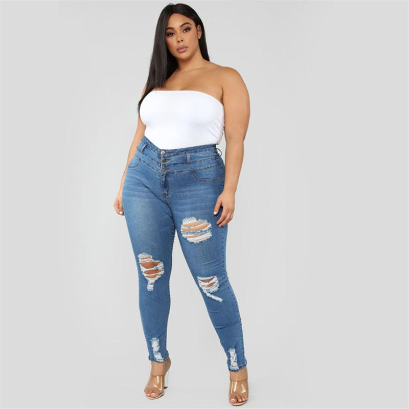 Plus size clothing XL-5XL women ripped jeans high waist skinny denim jeans casual pants