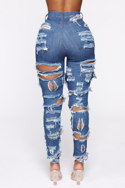 New Fashion Woman Ripped Jeans High Waist Stretch Denim Pencil Pants Street Trendy