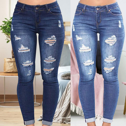 Daisy Ripped Jeans women  Thin High Waist Straight Leg Pants