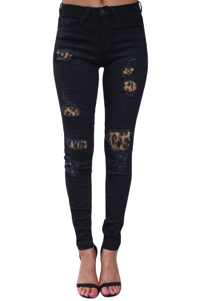 New women ripped leopard print jeans Fashion stretch Skinny denim pencil pants S-2XL