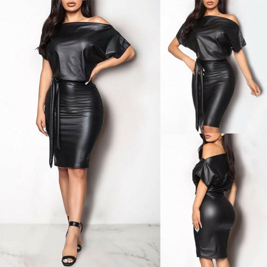 New Women Sexy PU Leather Dress Elegant Formal Party Office Lady Midi Dress Skinny Zipper Black Dress Off shoulder Bandage Club