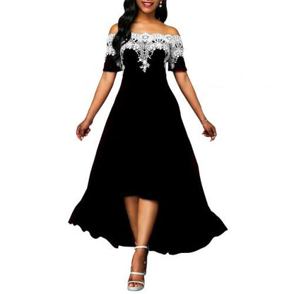 Party Lace Patchwork Off Shoulder Short Sleeve Women High Low Dress