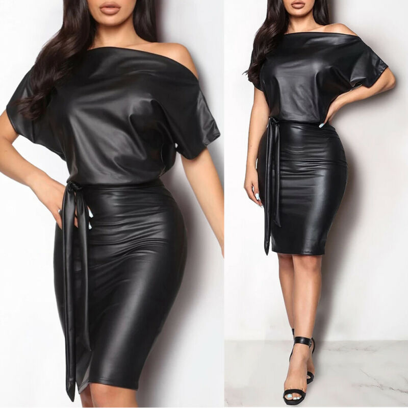 New Women Sexy PU Leather Dress Elegant Formal Party Office Lady Midi Dress Skinny Zipper Black Dress Off shoulder Bandage Club