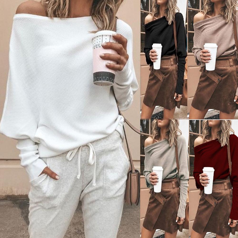 Sexy Women Sweaters Solid Color Off Shoulder Long Sleeve Sweater Loose Knitted Pullover jumpers female streetwear jumper