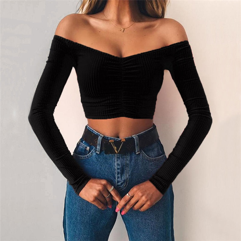 V Neck tshirt Elegant Party Club Tee Shirt Femme Dames Streetwear Women Summer Long Sleeve T Shirt Off Shoulder Crop Top