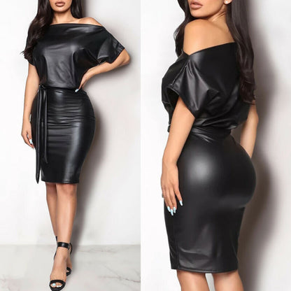 Women Faux PU Leather Slash Dress Off Shoulder PU Leather Dress High Elasticity Sheath Dress Bodycon Faux Leather PU Dresses