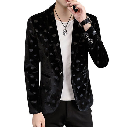 Men New Four Seasons Heart-Shaped Jacquard blazer Gold Velvet Casual Slim Handsome