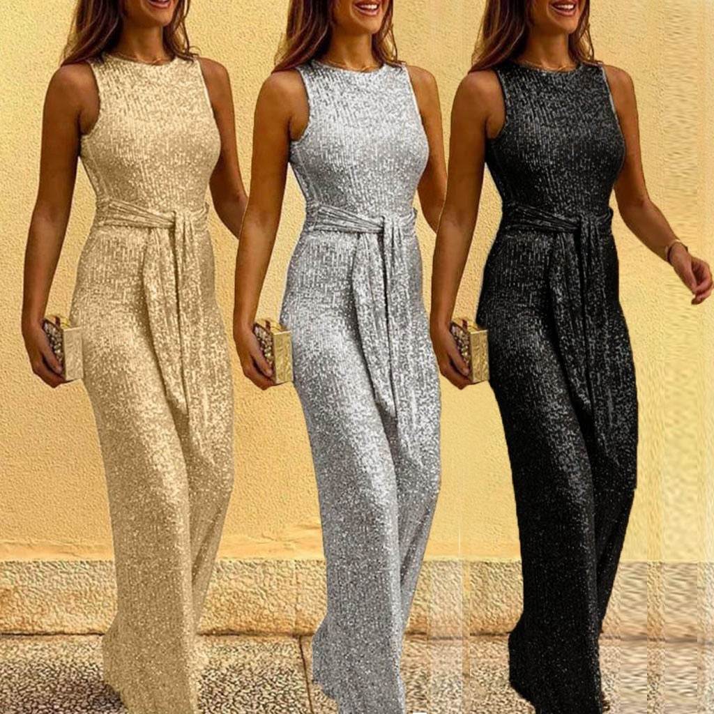 Sequined Jumpsuit Women Fashion Elegant Casual Workwear Party Romper Overalls Female Sleeveless Zipper Pocket Design Jumpsuits