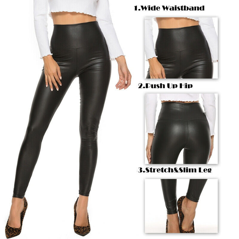 Leather Shiny Sexy Leggings for Women Vadim 2021 Summer High Waist Black Stretchy Faux Leather Pant Mujer Leggings Ropa