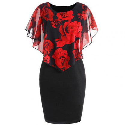 Summer Loose Womens Dress Elegant Office Lady Rose Flower Print Cape Bodycon Knee Length Dress Red