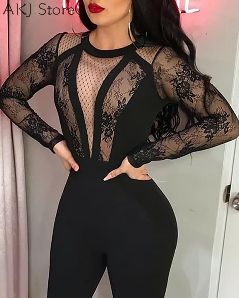 Women Long Sleeve Crochet Lace Dot Mesh Skinny Jumpsuit