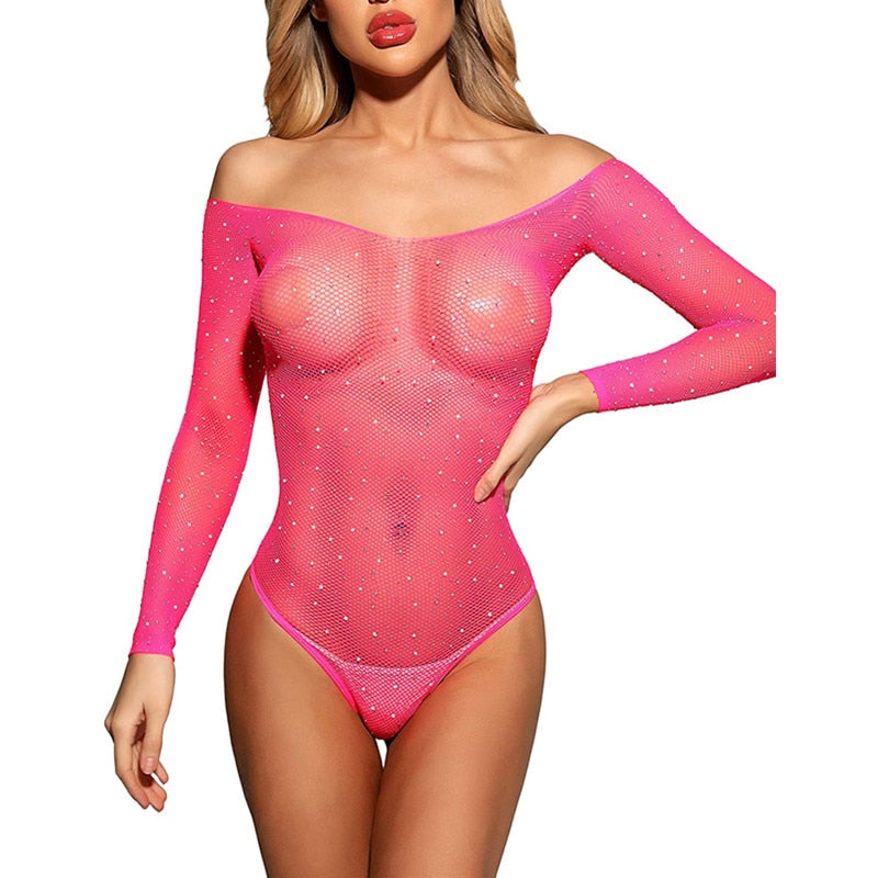 Y2K Transparent Women&#39;s Tops Bling Rhinestones Sexy Lingerie Bodystocking Erotic Underwear Fishnet Bodysuit Tank Top Shirt