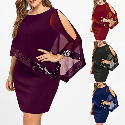 Women Dress Solid Color Round Neck Irregular Sequins Patchwork Cold Shoulder Dress Hot apparel summer Dress Women