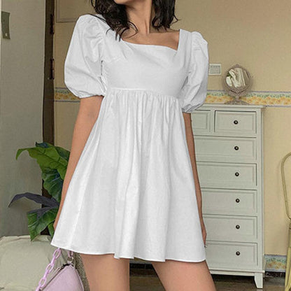 Women Casual Dress  Ties Puff Short Mini Dress  Solid Square Neck Dress