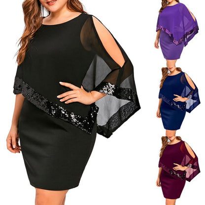 Women Dress Solid Color Round Neck Irregular Sequins Patchwork Cold Shoulder Dress Hot apparel summer Dress Women