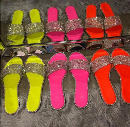 Glitter Slippers Women Summer Sandals 2022 Fashion Bling Female Candy Color Flip Flops Beach Diamond Flat Shoes Outdoor Sandals