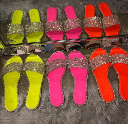 Glitter Slippers Women Summer Sandals 2022 Fashion Bling Female Candy Color Flip Flops Beach Diamond Flat Shoes Outdoor Sandals