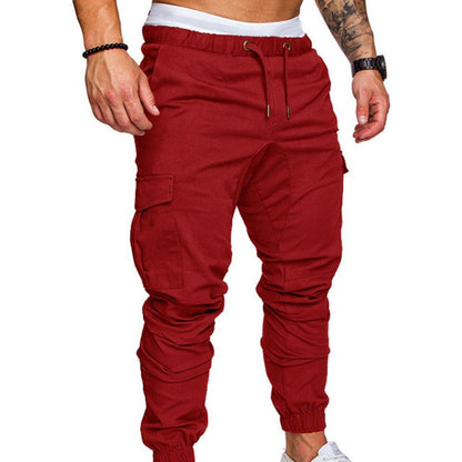 Fashion Men Jogger Pants Casual Solid Color Pockets Waist Drawstring Ankle Tied Skinny