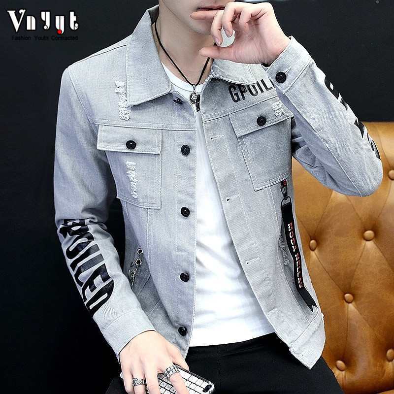 Fashion Hip Hop White Denim Jacket Male Cowboy Ripped Hole Denim Jacket