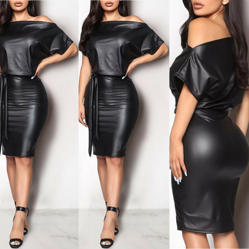 Women Faux PU Leather Slash Dress Off Shoulder PU Leather Dress High Elasticity Sheath Dress Bodycon Faux Leather PU Dresses