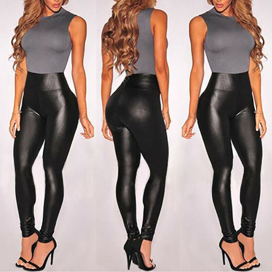 Leather Shiny Sexy Leggings for Women Vadim 2021 Summer High Waist Black Stretchy Faux Leather Pant Mujer Leggings Ropa