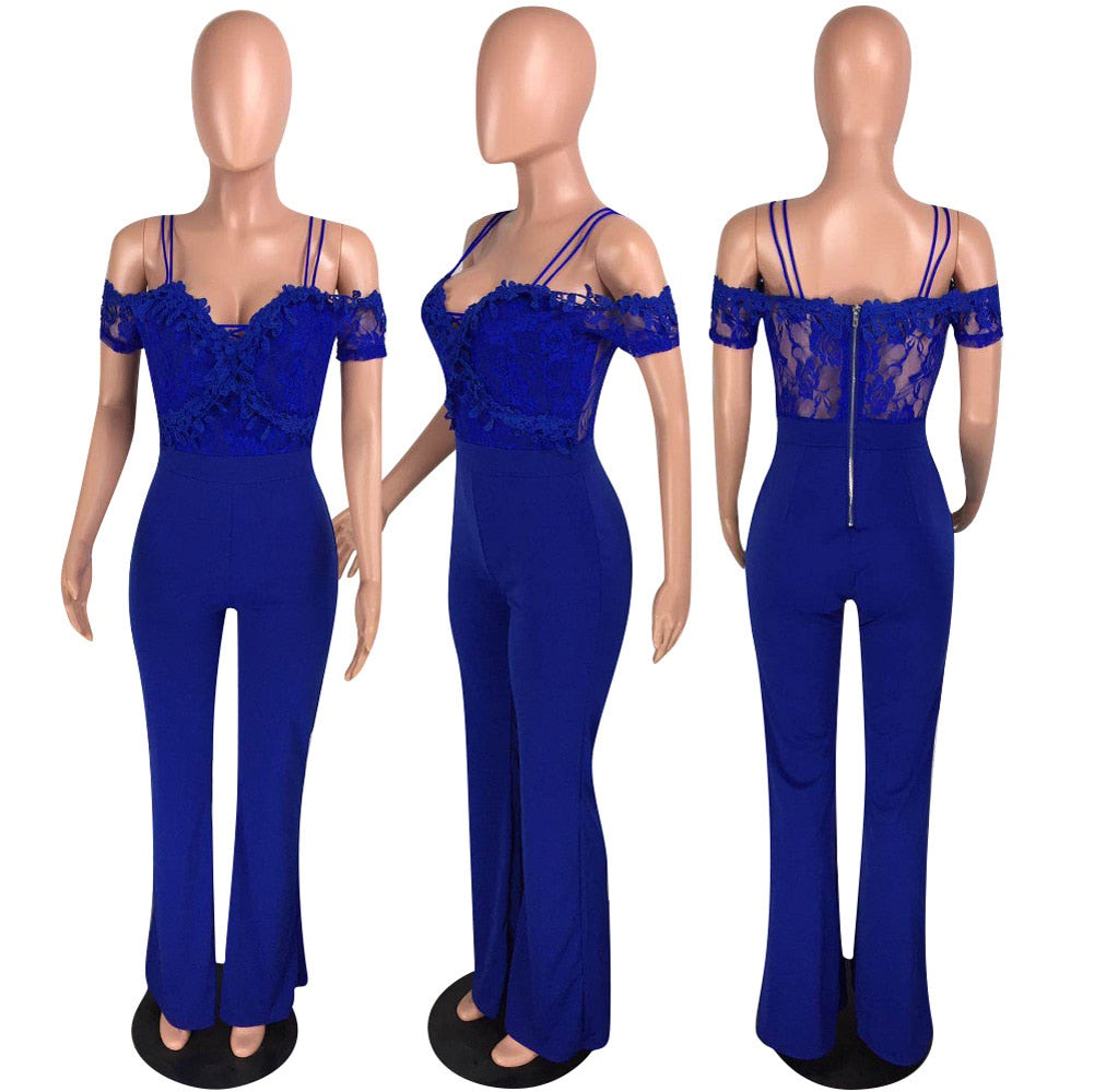 Wide Leg Club Jumpsuit Sexy Women Spaghetti Strap Elegant Lace Party Overalls Rompers