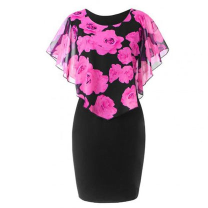 Summer Loose Womens Dress Elegant Office Lady Rose Flower Print Cape Bodycon Knee Length Dress Red