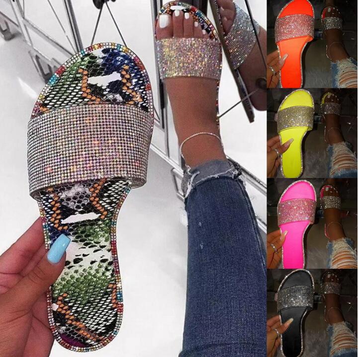 Glitter Slippers Women Summer Sandals 2022 Fashion Bling Female Candy Color Flip Flops Beach Diamond Flat Shoes Outdoor Sandals