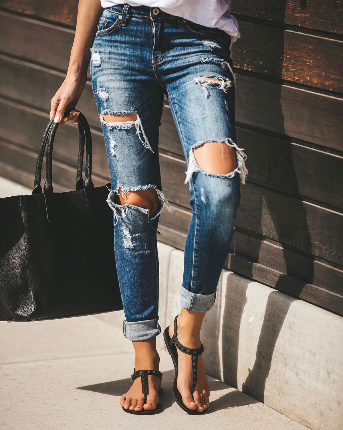 Hot sale woman ripped jeans fashion trendy stretch slim denim jeans casual pants S-2XL