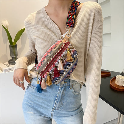 Tassel Ethnic Style Women Waist Packs Adjustable Strap Variegated Color Fanny Pack with Fringe Decor Waist Bags Travel