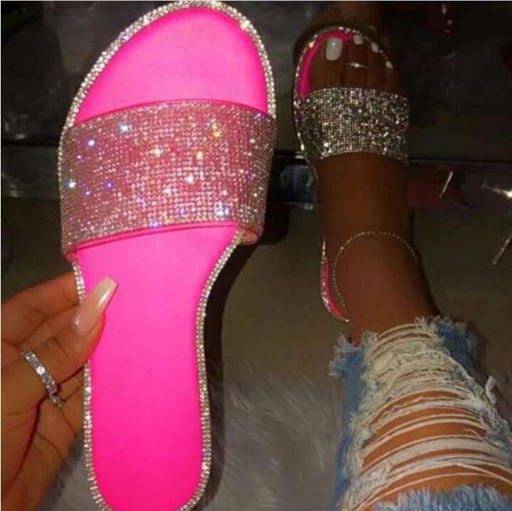 New Summer Women Crystal Slippers Glitter Flat Soft Bling Female Candy Color Flip Flops Indoor Ladies Slides Hot Beach Shoes