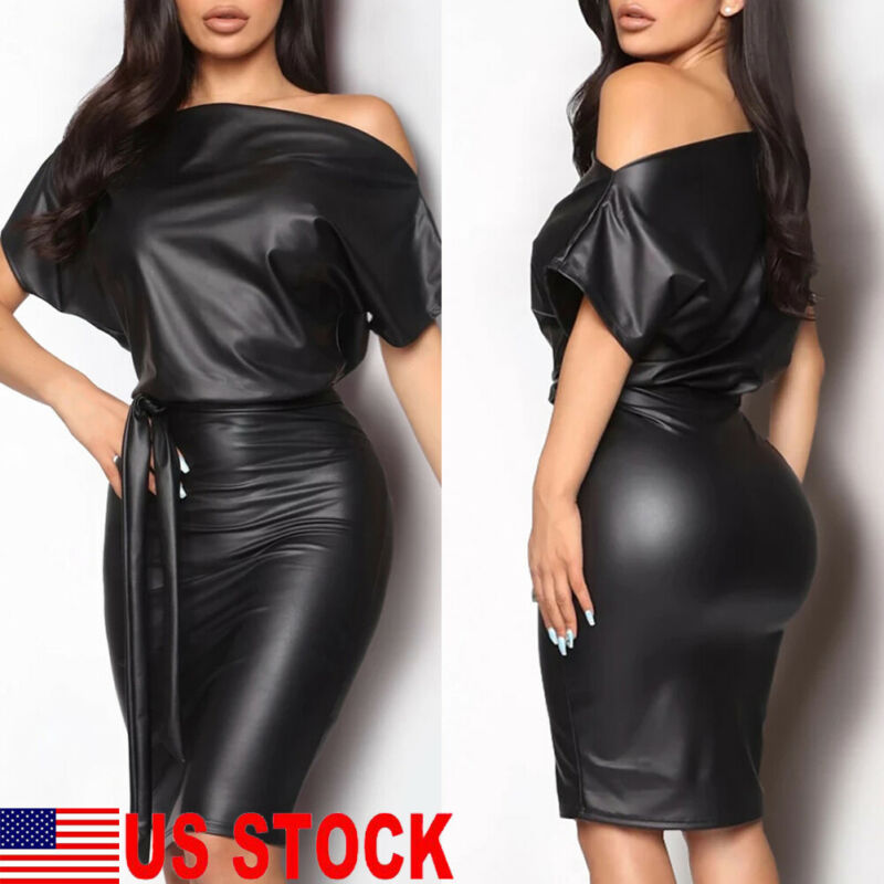 New Women Sexy PU Leather Dress Elegant Formal Party Office Lady Midi Dress Skinny Zipper Black Dress Off shoulder Bandage Club