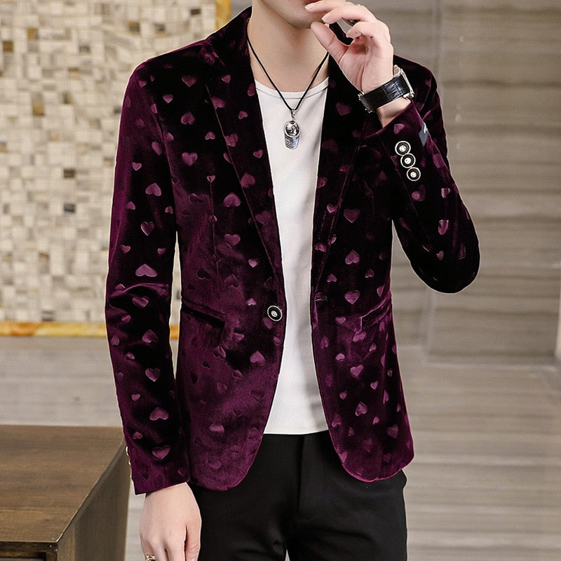 Men New Four Seasons Heart-Shaped Jacquard blazer Gold Velvet Casual Slim Handsome