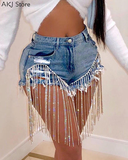 Women Sexy Beads Tassel Zipper Denim Shorts