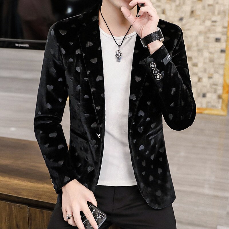 Men New Four Seasons Heart-Shaped Jacquard blazer Gold Velvet Casual Slim Handsome