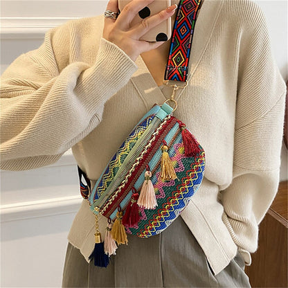 Tassel Ethnic Style Women Waist Packs Adjustable Strap Variegated Color Fanny Pack with Fringe Decor Waist Bags Travel