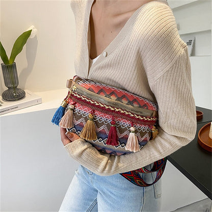 Tassel Ethnic Style Women Waist Packs Adjustable Strap Variegated Color Fanny Pack with Fringe Decor Waist Bags Travel