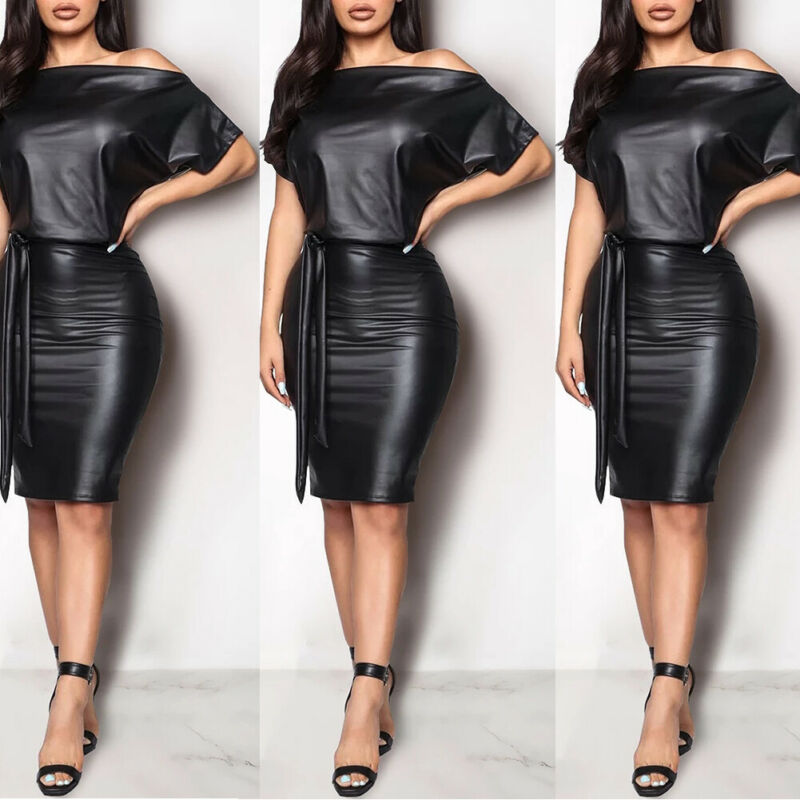 Women Faux PU Leather Slash Dress Off Shoulder PU Leather Dress High Elasticity Sheath Dress Bodycon Faux Leather PU Dresses