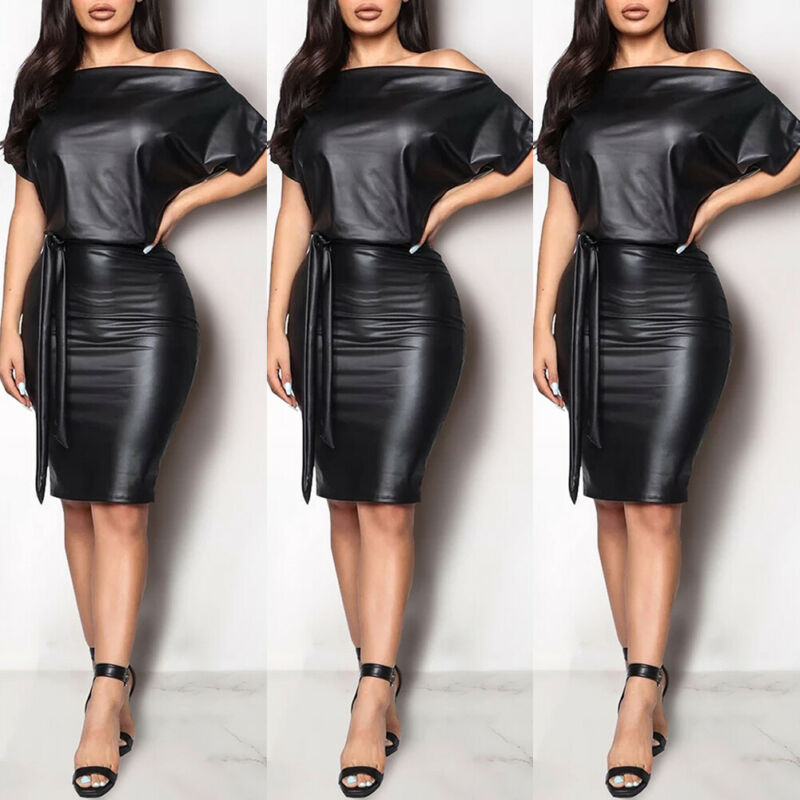 New Women Sexy PU Leather Dress Elegant Formal Party Office Lady Midi Dress Skinny Zipper Black Dress Off shoulder Bandage Club