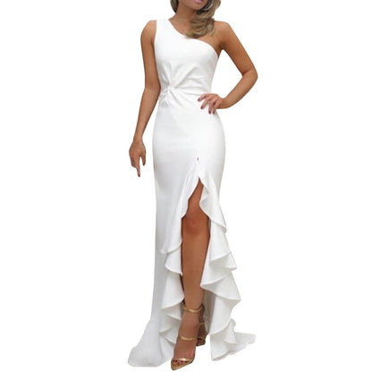 Women Sexy One Shoulder Ruched Ruffle Dress Formal Fashion Model Party Dress Elegant