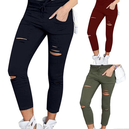 Plus Size Womens trousers Drawstring High Waist Pencil Pants Ripped Skinny Womens