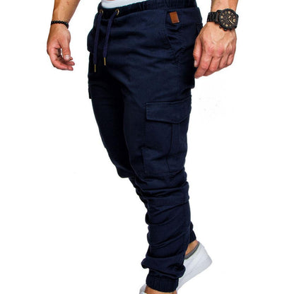 Fashion Men Jogger Pants Casual Solid Color Pockets Waist Drawstring Ankle Tied Skinny