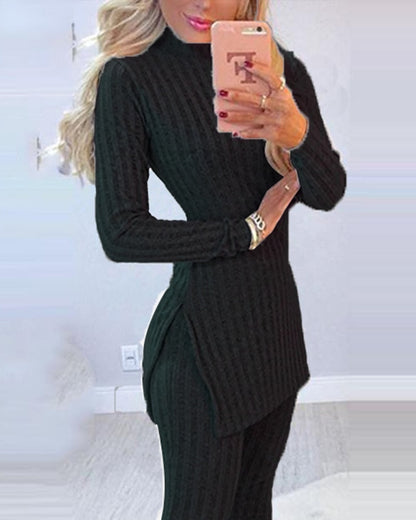 knit set for women 2-piece Set pants sets  Ribbed Slit Long Sleeve  High Waist Knitted Pencil Pants Set 2021 Winter Suit