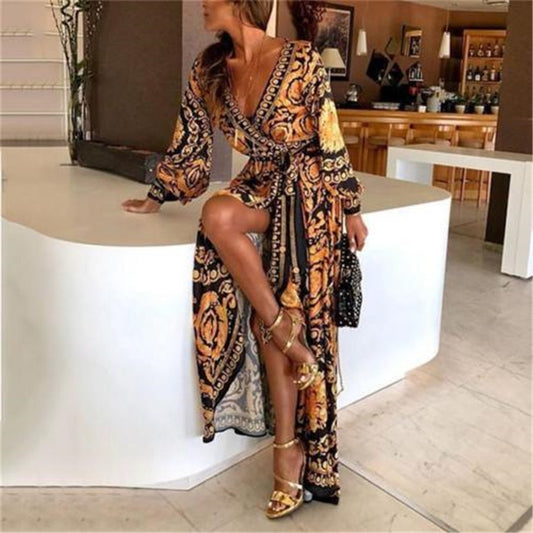 Women Floral Dress Long Sleeve Maxi Sexy V-neck Party Beach Sundress