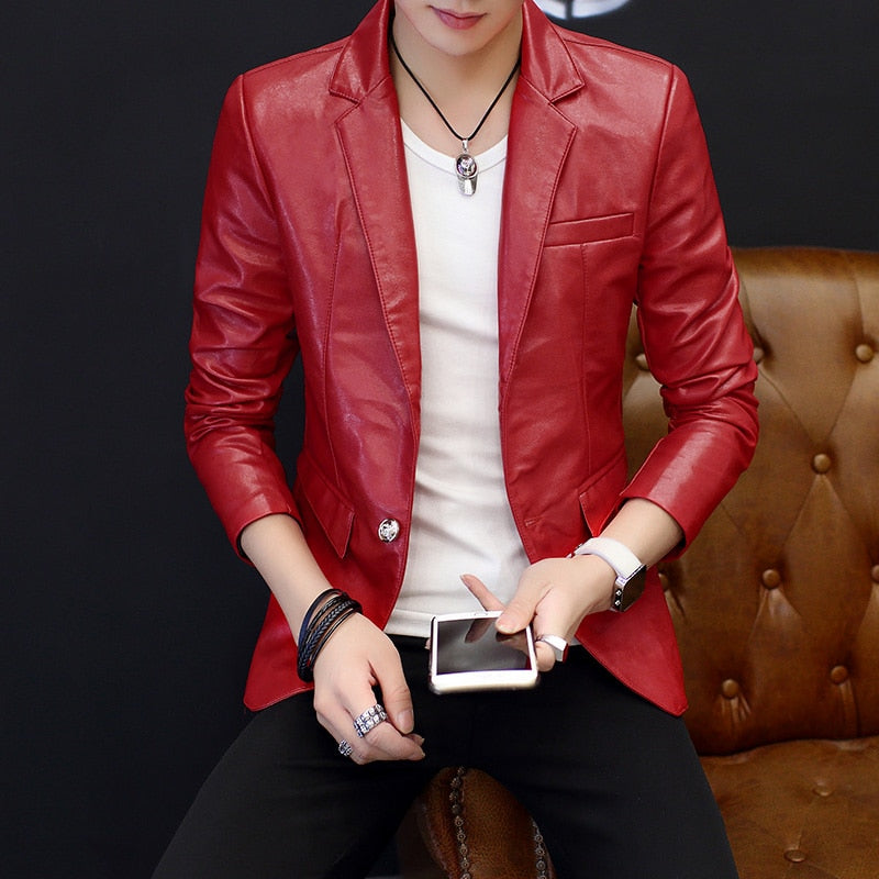 Fashion Men Leather Blazer Personality trend handsome Young British Slim-fit coat