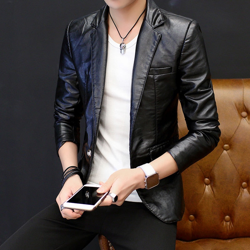 Fashion Men Leather Blazer Personality trend handsome Young British Slim-fit coat